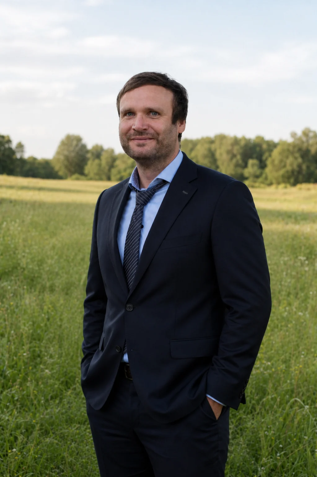 Felix Johne im Anzug auf einer Wiese